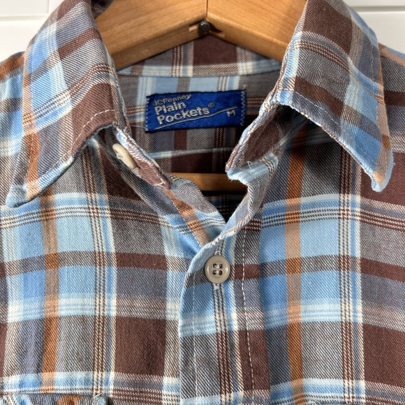 JCPenney vintage flannel plaid long sleeve shirt, Med, cotton blue brown Western - Picture 3 of 6